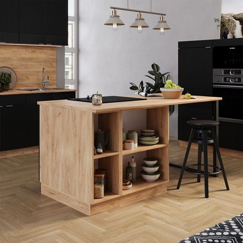 Îlot De Cuisine Fame-line 51078 Noir Rayé 90cm Avec Tiroir, Sans Pt