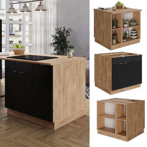 Îlot De Cuisine Fame-line 51078 Noir Rayé 90cm Avec Tiroir, Sans Pt