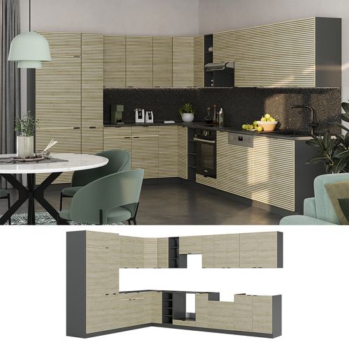 Cuisine En Angle Fame-line 51508 Chêne Lambris/anthracite 347x60cm , Pt Marbre