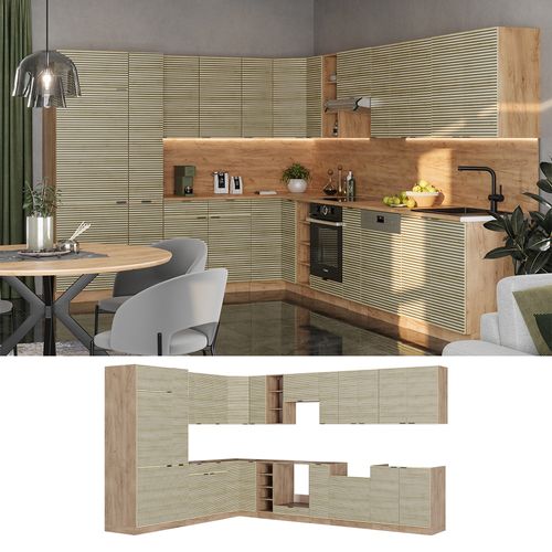 Cuisine En Angle Fame-line 51561 Chêne Lambris/chêne Doré 347x60cm , Pt Chêne