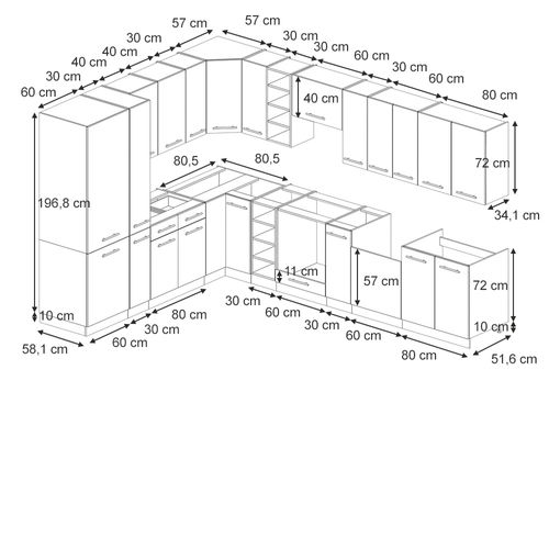 Cuisine En Angle Fame-line 51592 Chêne Lambris/blanc 347x46cm Sans Plan De Travail
