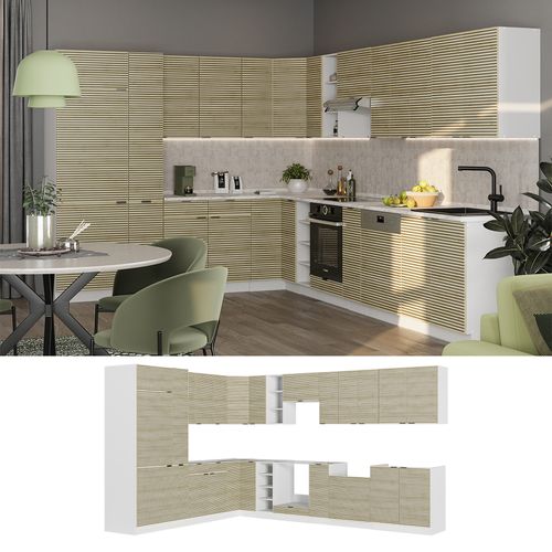 Cuisine En Angle Fame-line 51595 Chêne Lambris/blanc 347x60cm , Pt Marbre