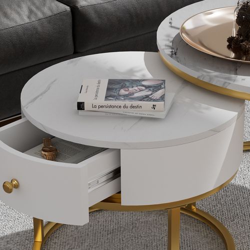 Ensemble De Tables Basses Madrid 51682 Marbre Blanc 70x70cm , Petite Table Avec Tiroir
