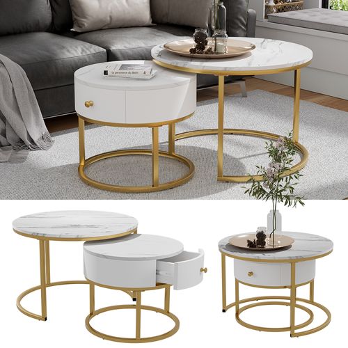 Ensemble De Tables Basses Madrid 51682 Marbre Blanc 70x70cm , Petite Table Avec Tiroir