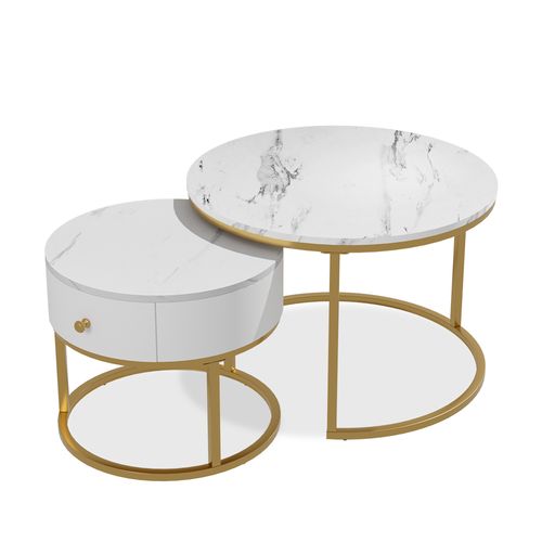 Ensemble De Tables Basses Madrid 51682 Marbre Blanc 70x70cm , Petite Table Avec Tiroir