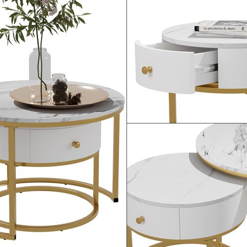 Ensemble De Tables Basses Madrid 51682 Marbre Blanc 70x70cm , Petite Table Avec Tiroir