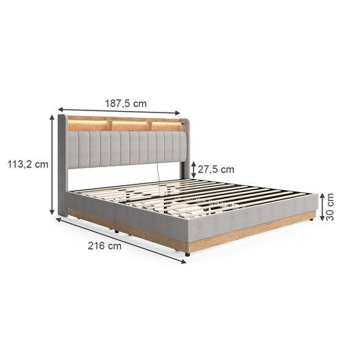 Lit Rembourré Nura 51720 Gris 180x200 Cm Avec 4 Tiroirs
