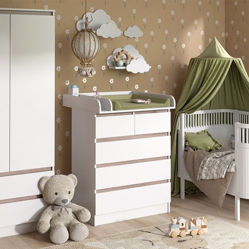 Commode à Langer Emma 51735 Blanc/sonoma 80x110.2cm Avec 5 Tiroirs