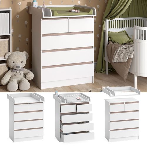 Commode à Langer Emma 51735 Blanc/sonoma 80x110.2cm Avec 5 Tiroirs