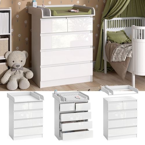 Commode à Langer Emma 51738 Blanc/blanc Brillant 80x110.2cm Avec 5 Tiroirs