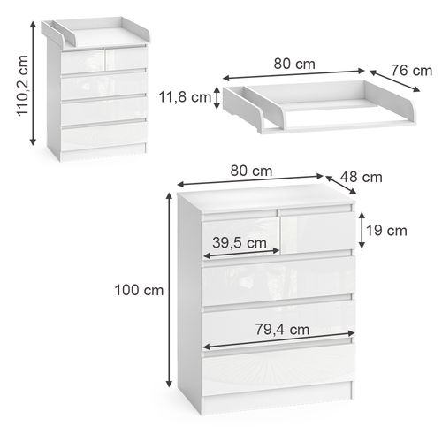 Commode à Langer Emma 51738 Blanc/blanc Brillant 80x110.2cm Avec 5 Tiroirs