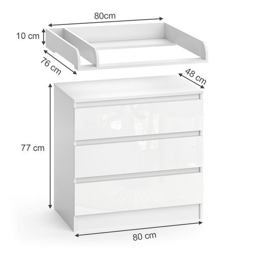 Commode à Langer Emma 51740 Blanc/blanc Brillant 80x87cm Avec 3 Tiroirs