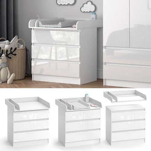 Commode à Langer Emma 51740 Blanc/blanc Brillant 80x87cm Avec 3 Tiroirs