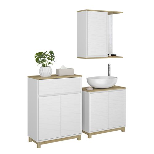 Meubles Bain Livia 51803 Blanc/chêne 3 Pièces, Avec Armoire De Milieu