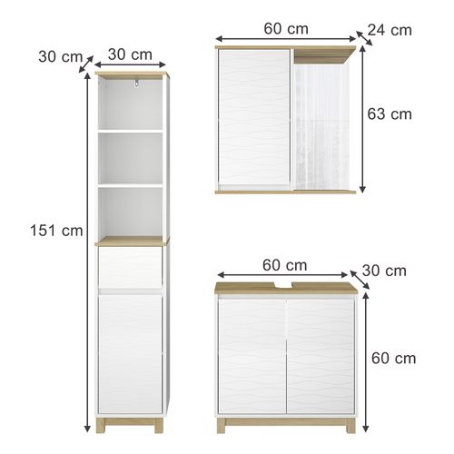 Meubles Bain Livia 51804 Blanc/chêne 3 Pièces, Avec Armoire Haute
