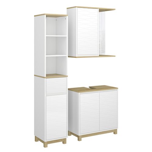 Meubles Bain Livia 51804 Blanc/chêne 3 Pièces, Avec Armoire Haute