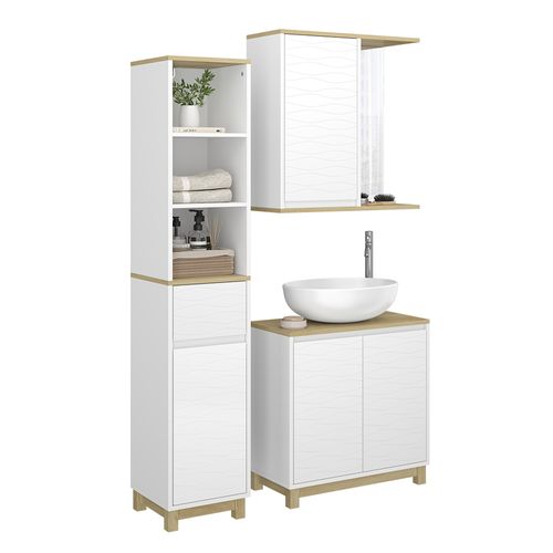 Meubles Bain Livia 51804 Blanc/chêne 3 Pièces, Avec Armoire Haute
