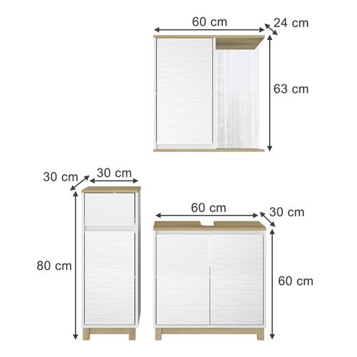 Meubles Bain Livia 51806 Blanc/chêne 3 Pièces, Avec Armoire De Milieu
