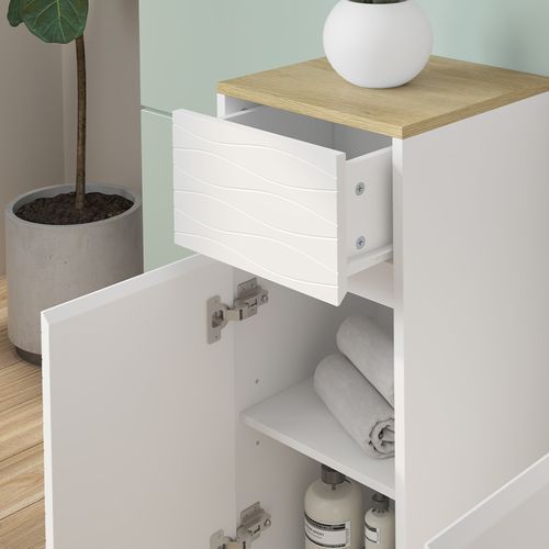 Meubles Bain Livia 51806 Blanc/chêne 3 Pièces, Avec Armoire De Milieu