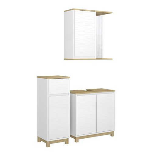 Meubles Bain Livia 51806 Blanc/chêne 3 Pièces, Avec Armoire De Milieu