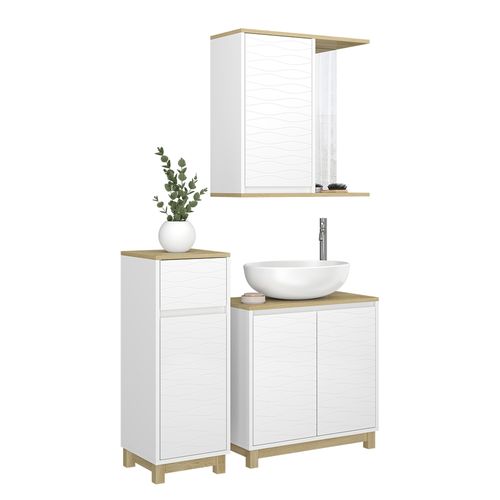 Meubles Bain Livia 51806 Blanc/chêne 3 Pièces, Avec Armoire De Milieu