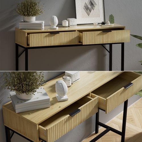 Table Console Lennox, Chêne, 100x75cm Avec 2 Tiroirs