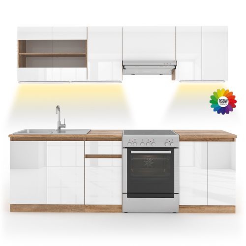 Ligne De Cuisine Raul 51903 Blanc Brillant/blanc 240cm , Pt Sonoma Avec Bande LED
