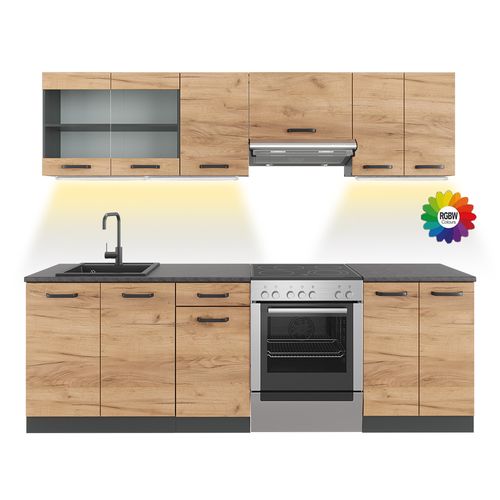 Ligne De Cuisine Raul 51931 Chêne Doré/anthracite 240cm , Pt à Motifs Noirs Avec Bande LED