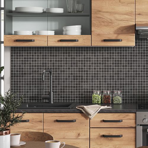 Ligne De Cuisine Raul 51931 Chêne Doré/anthracite 240cm , Pt à Motifs Noirs Avec Bande LED