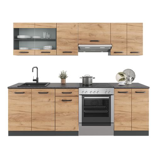 Ligne De Cuisine Raul 51931 Chêne Doré/anthracite 240cm , Pt à Motifs Noirs Avec Bande LED