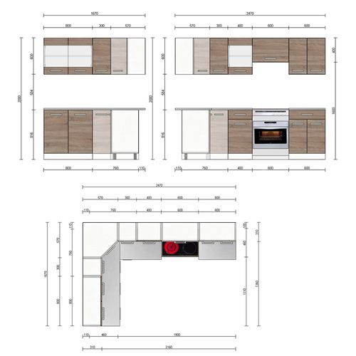 Cuisine Dangle Rick 51948 Blanc/sonoma 247x60cm , Pt Marbre Avec Bande LED