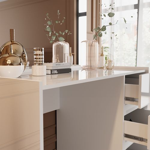 Coiffeuse Marla 51985 Blanc Haute Brillance 120cm Avec 3 Tiroirs Et Miroir