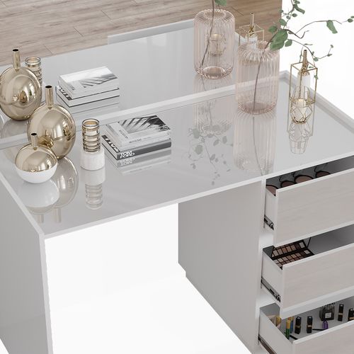 Coiffeuse Marla 51985 Blanc Haute Brillance 120cm Avec 3 Tiroirs Et Miroir