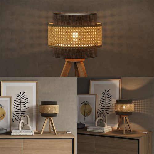 Lampe De Table Morten, Rotin/noir, 26x45cm Avec Support