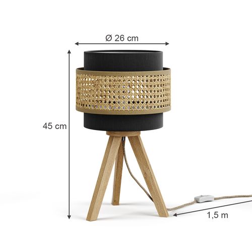 Lampe De Table Morten, Rotin/noir, 26x45cm Avec Support