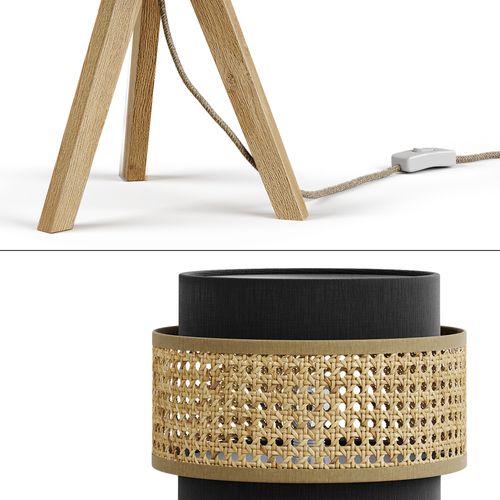 Lampe De Table Morten, Rotin/noir, 26x45cm Avec Support