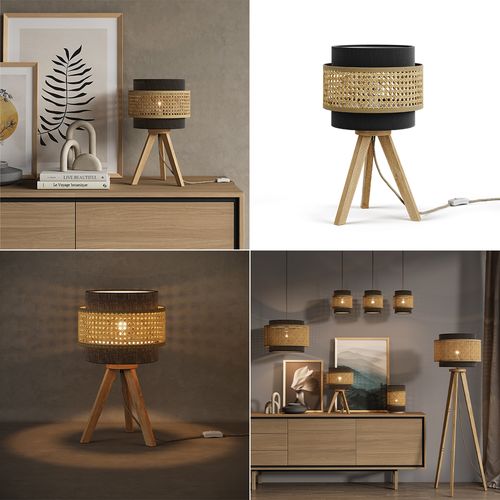 Lampe De Table Morten, Rotin/noir, 26x45cm Avec Support