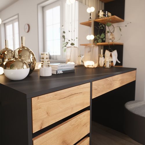 Coiffeuse Sherry 52029 Anthracite/chêne Doré 120x75cm Avec Éclairage LED Et Tabouret