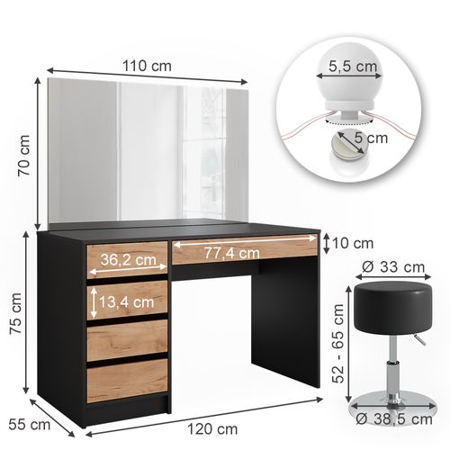 Coiffeuse Sherry 52029 Anthracite/chêne Doré 120x75cm Avec Éclairage LED Et Tabouret