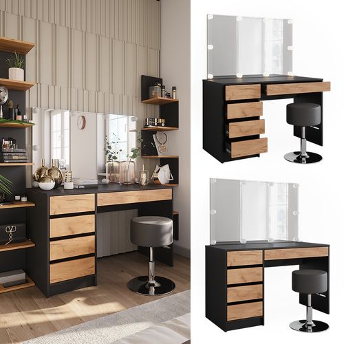 Coiffeuse Sherry 52029 Anthracite/chêne Doré 120x75cm Avec Éclairage LED Et Tabouret