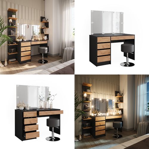 Coiffeuse Sherry 52029 Anthracite/chêne Doré 120x75cm Avec Éclairage LED Et Tabouret