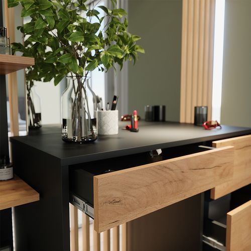 Coiffeuse Sherry, Anthracite/chêne Doré, 90cm Avec Miroir