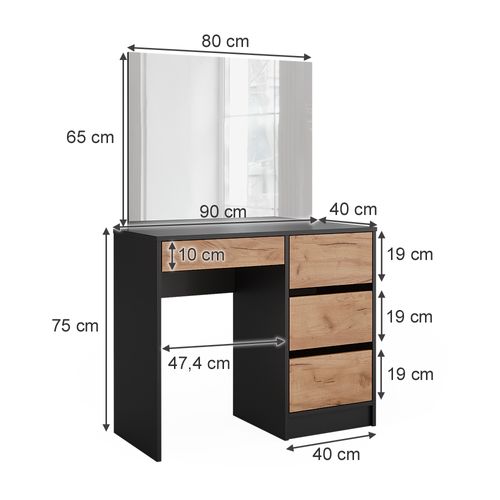 Coiffeuse Sherry, Anthracite/chêne Doré, 90cm Avec Miroir