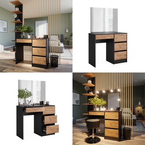 Coiffeuse Sherry, Anthracite/chêne Doré, 90cm Avec Miroir