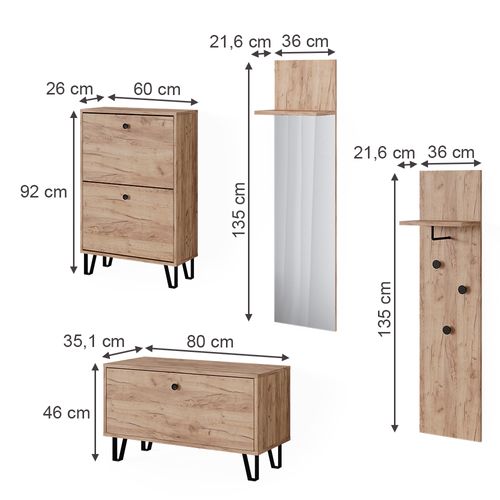 Ensemble Armoires Siri 52061 Chêne Doré Avec Portemanteaux Muraux, Banc Et Meuble à Chaussures