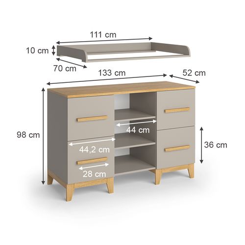 Commode à Langer Malia 52108 Chêne Cachemire 133x108cm XL Avec 4 Tiroirs