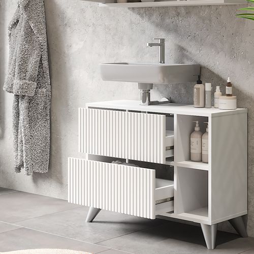 Meuble Sous Vasque Leano 52130 Blanc 80x62cm Avec 2 Tiroirs