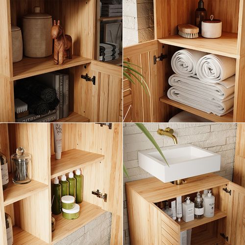 Ensemble De Meubles Sdb Lucie 52198 Bambou 4 Pièces, Avec Armoire De Milieu Et Armoire Haute