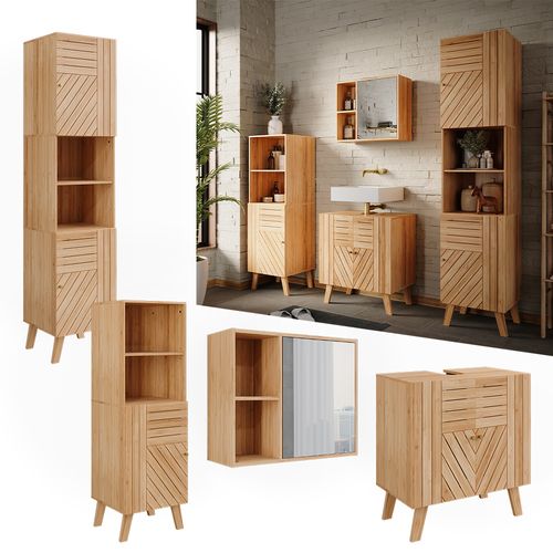 Ensemble De Meubles Sdb Lucie 52198 Bambou 4 Pièces, Avec Armoire De Milieu Et Armoire Haute