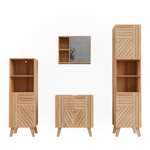 Ensemble De Meubles Sdb Lucie 52198 Bambou 4 Pièces, Avec Armoire De Milieu Et Armoire Haute